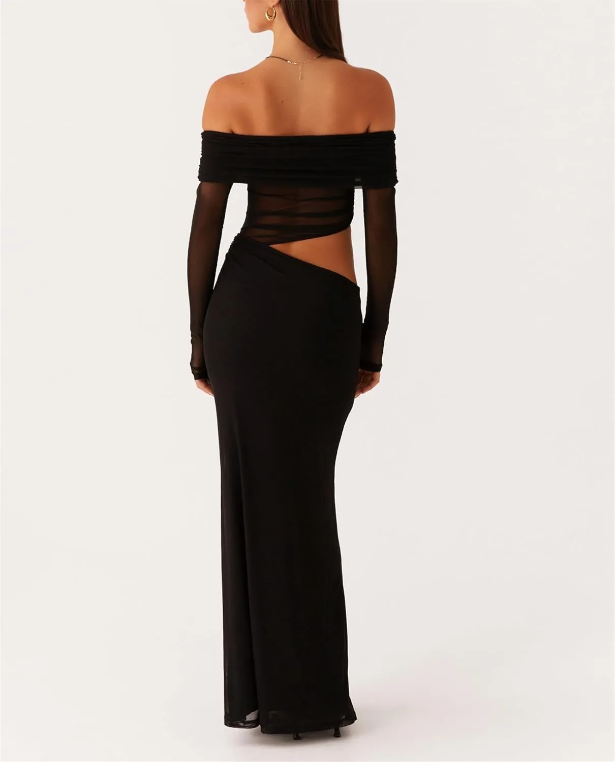 Thopavenoir Women's Sexy Sheer Mesh Off Shoulder Maxi Dress See Through Ruched Long Sleeve Dresses Elegant Bodycon Sundress