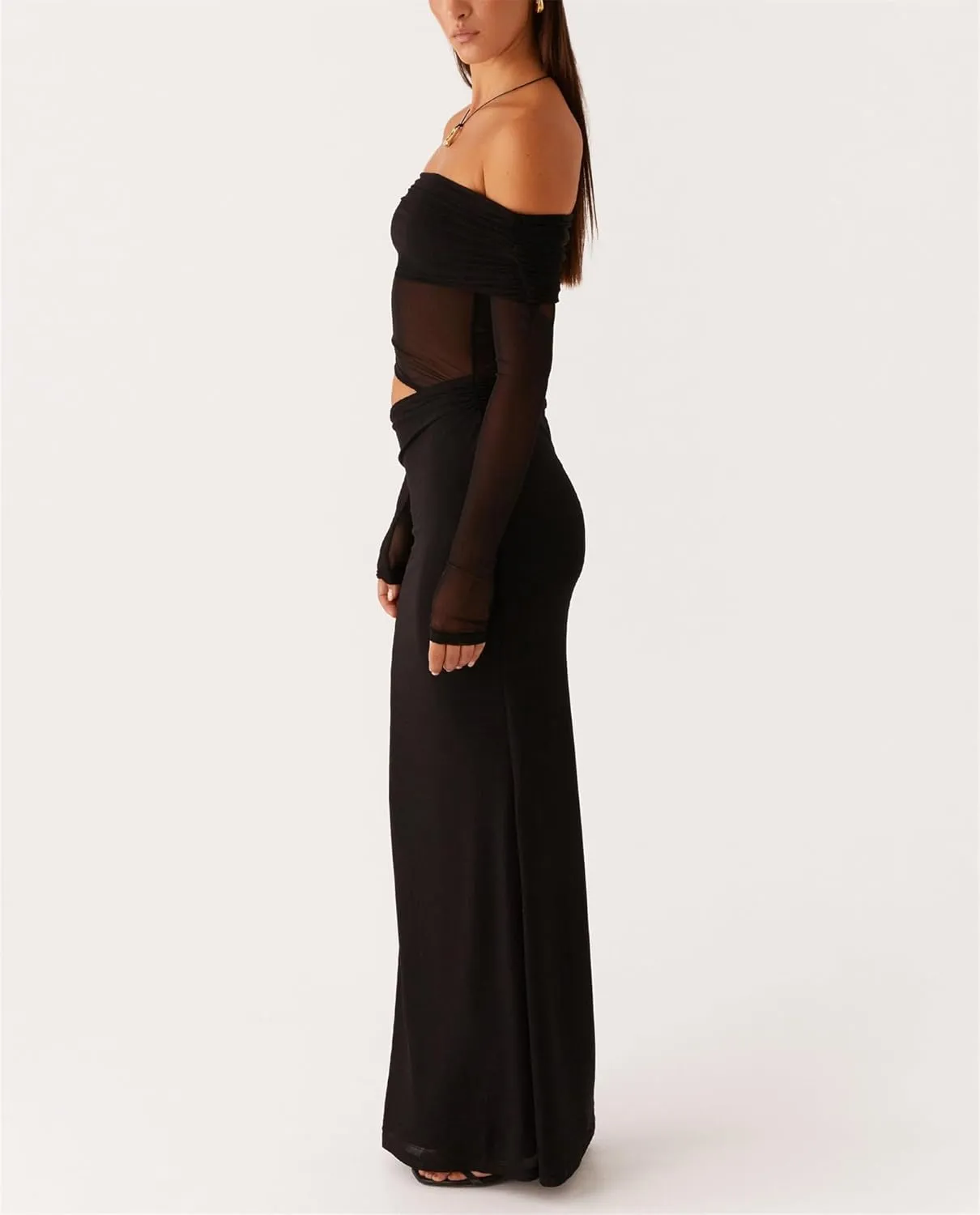 Thopavenoir Women's Sexy Sheer Mesh Off Shoulder Maxi Dress See Through Ruched Long Sleeve Dresses Elegant Bodycon Sundress