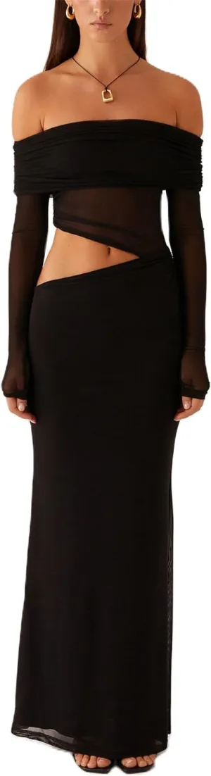 Thopavenoir Women's Sexy Sheer Mesh Off Shoulder Maxi Dress See Through Ruched Long Sleeve Dresses Elegant Bodycon Sundress