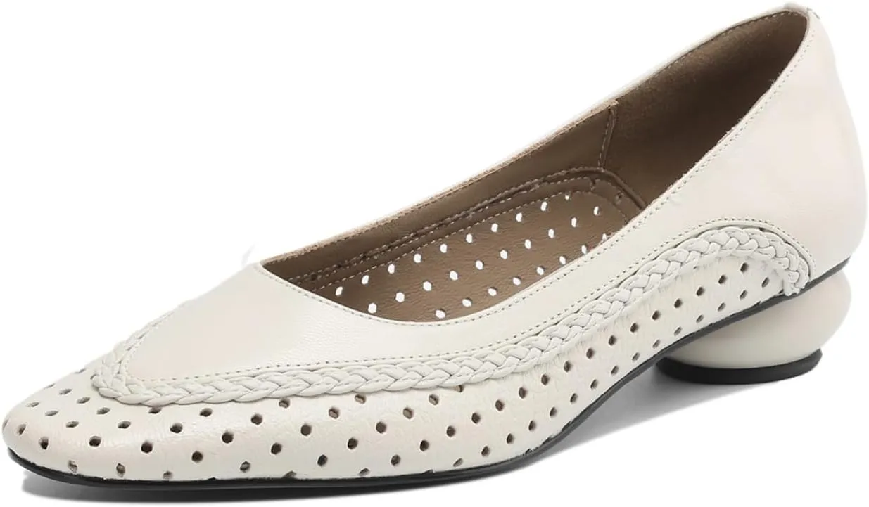 TinaCus Women's Round Toe Genuine Leather with Holes Handmade Cone Heels Casual Loafers Shoes