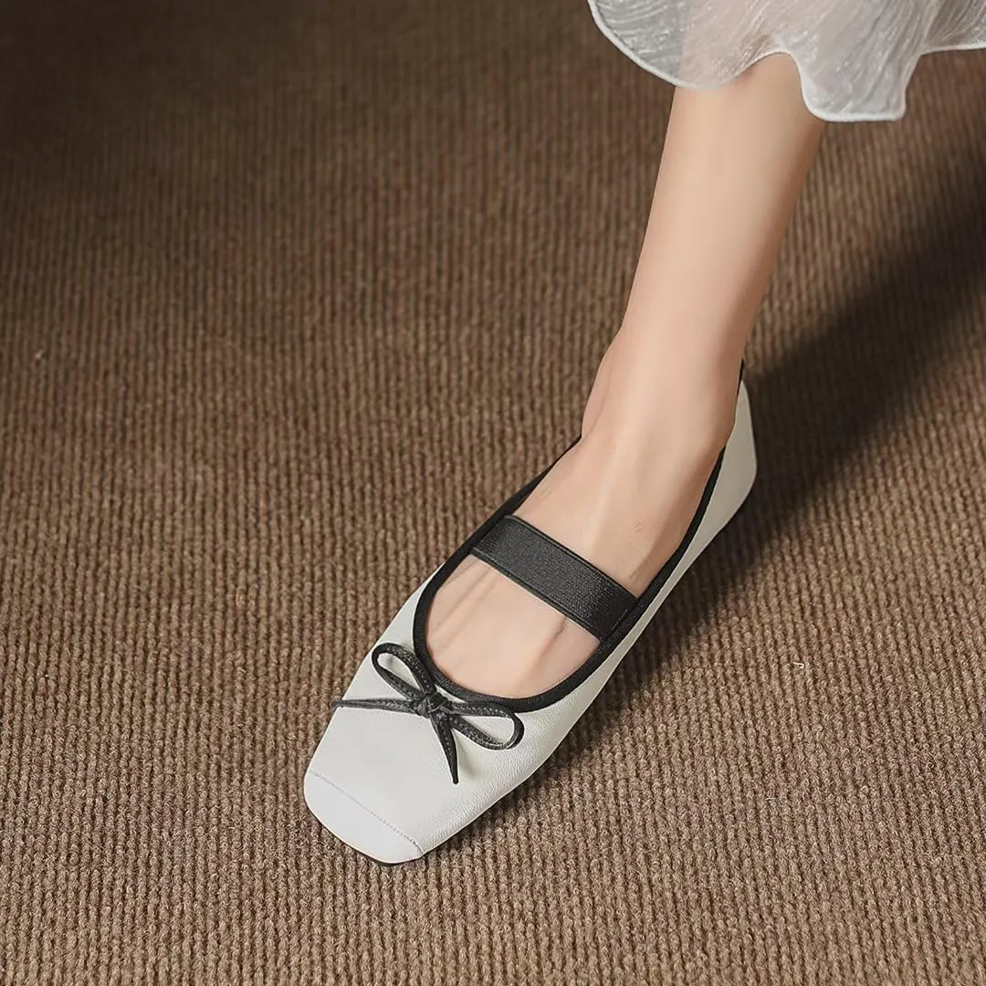 TN TANGNEST Leather Flats for Women Comfortable Square Toe Bowknot Ballet Flats Retro Slip On Mary Jane Flats