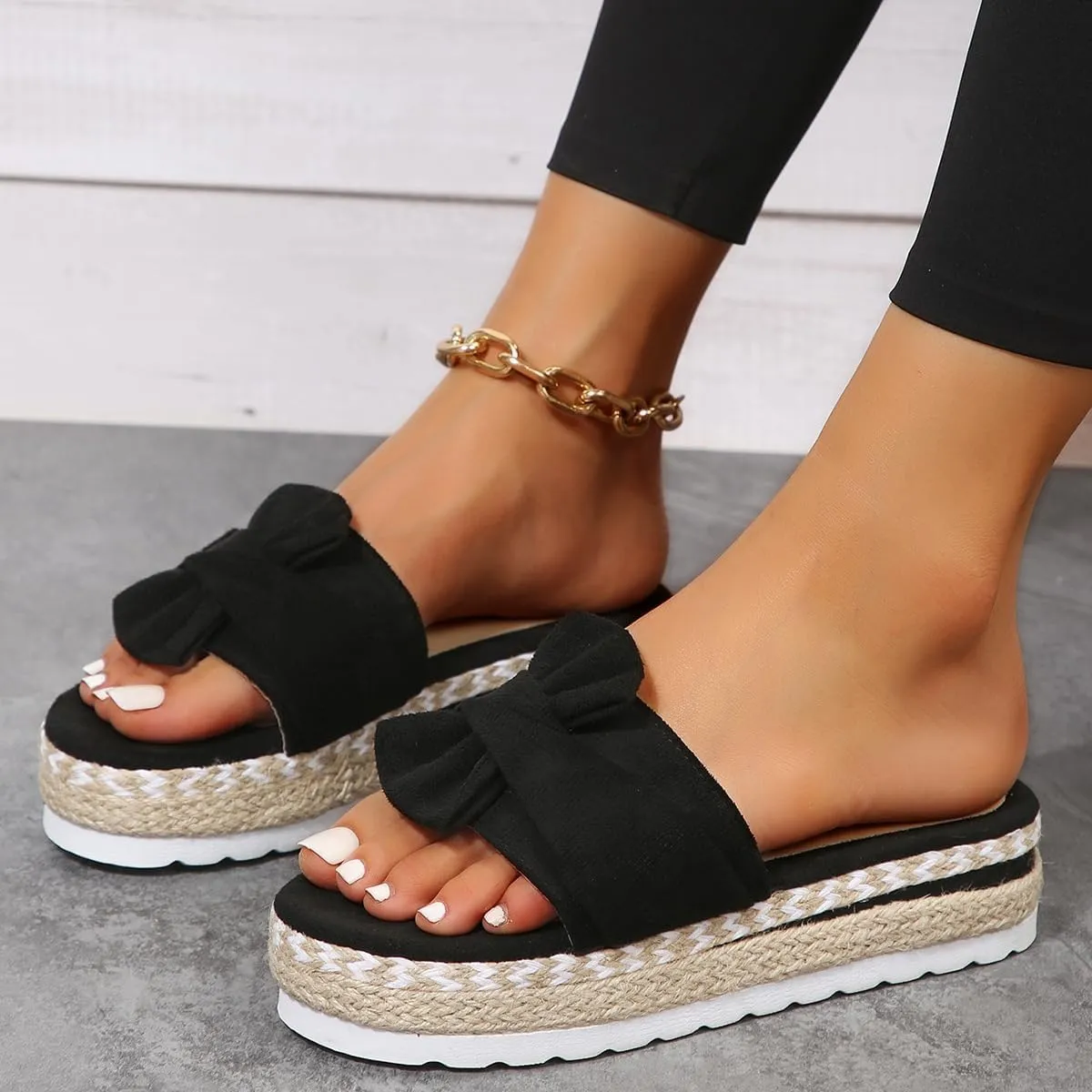 TOCONFFON Women's Low Wedge, Platform Sandals with Bow Details