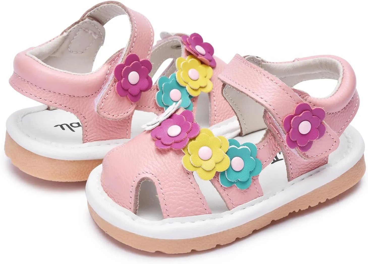 Toddler Girls Squeaky Shoes Flower Punch Baby Mary Jane Flats Sandals (Removable Squeakers)
