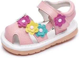 Toddler Girls Squeaky Shoes Flower Punch Baby Mary Jane Flats Sandals (Removable Squeakers)