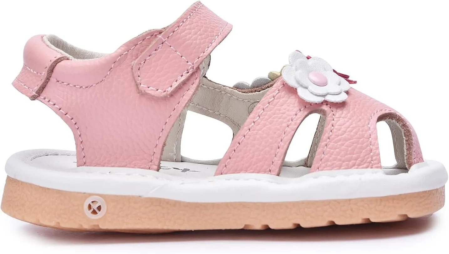 Toddler Girls Squeaky Shoes Flower Punch Baby Mary Jane Flats Sandals (Removable Squeakers)