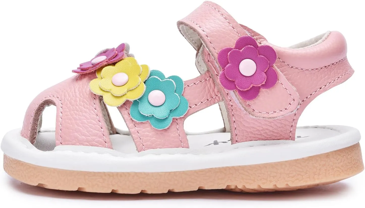 Toddler Girls Squeaky Shoes Flower Punch Baby Mary Jane Flats Sandals (Removable Squeakers)