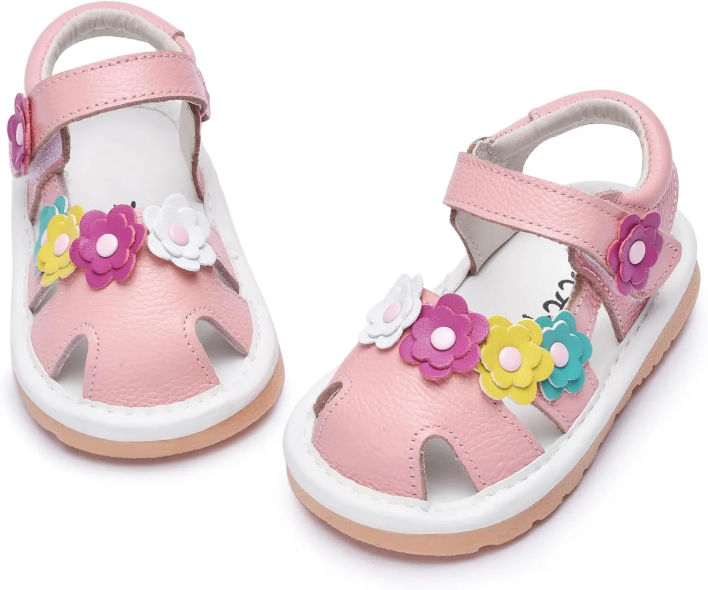 Toddler Girls Squeaky Shoes Flower Punch Baby Mary Jane Flats Sandals (Removable Squeakers)