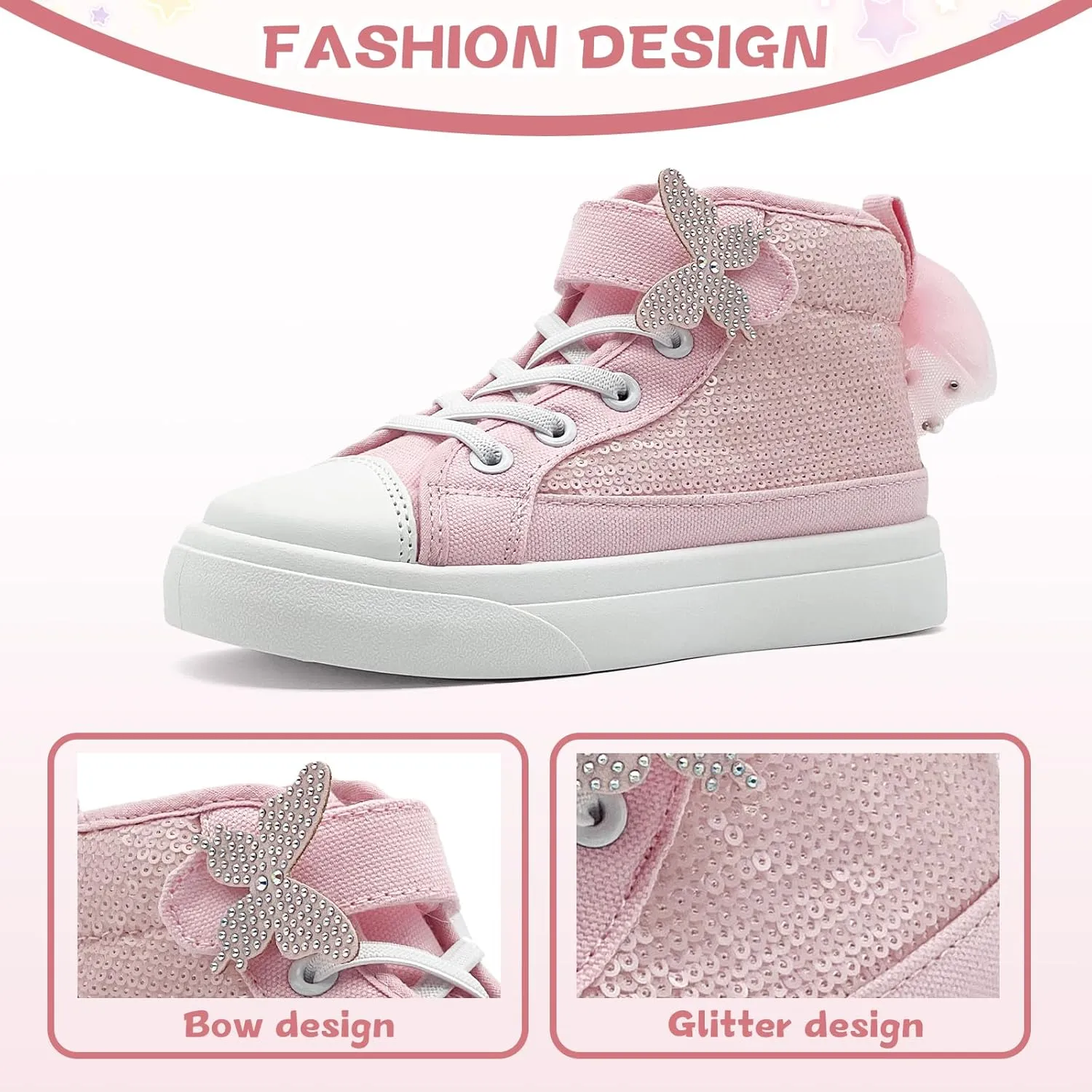 Toddler Sneakers for Girls Boys Canvas High Top Kids Fashion Sparkle Sequins Bow Shoes Running Walking Casual Shoes