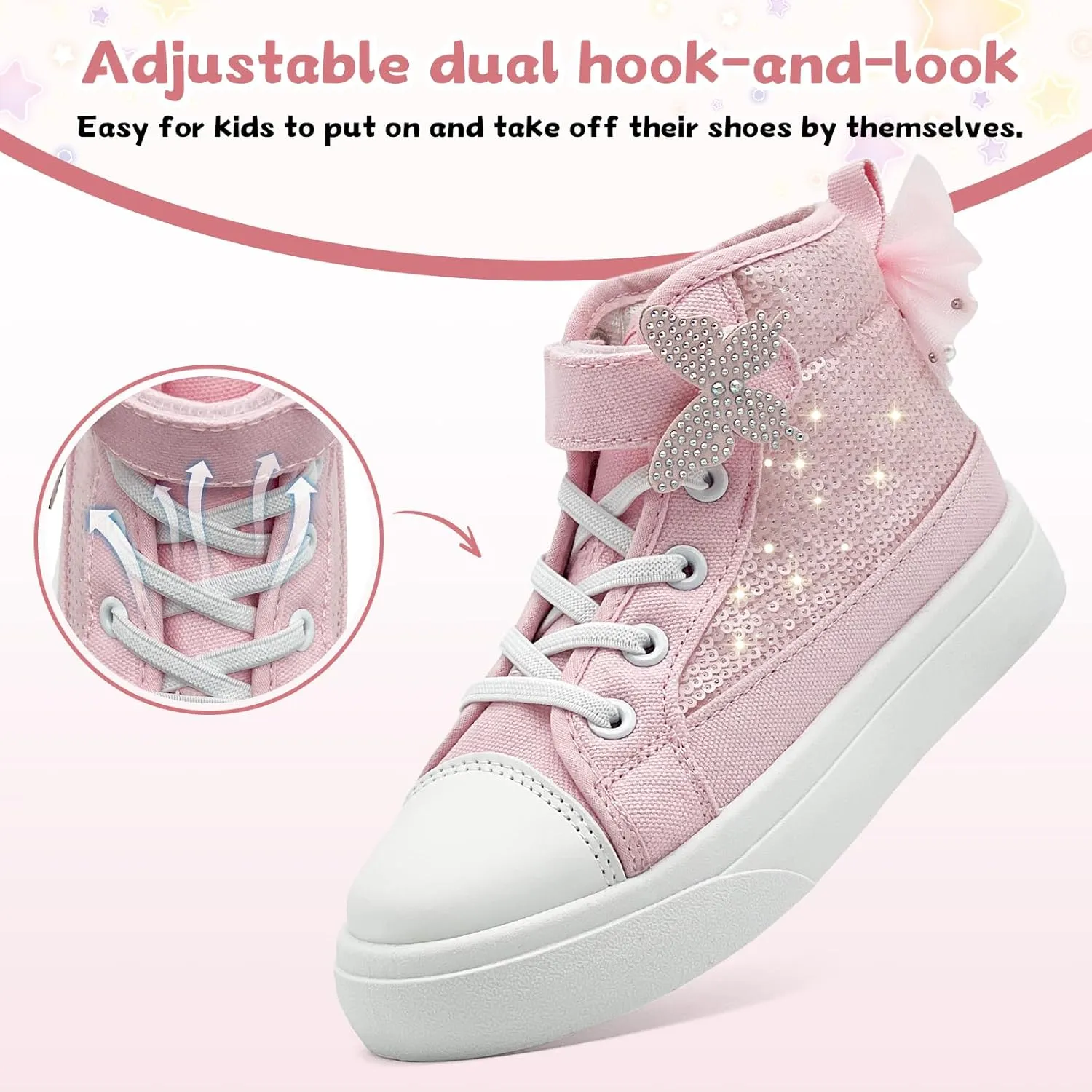 Toddler Sneakers for Girls Boys Canvas High Top Kids Fashion Sparkle Sequins Bow Shoes Running Walking Casual Shoes
