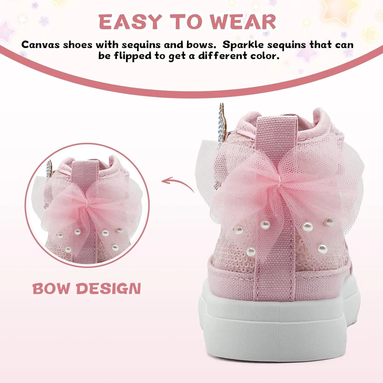 Toddler Sneakers for Girls Boys Canvas High Top Kids Fashion Sparkle Sequins Bow Shoes Running Walking Casual Shoes