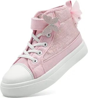 Toddler Sneakers for Girls Boys Canvas High Top Kids Fashion Sparkle Sequins Bow Shoes Running Walking Casual Shoes