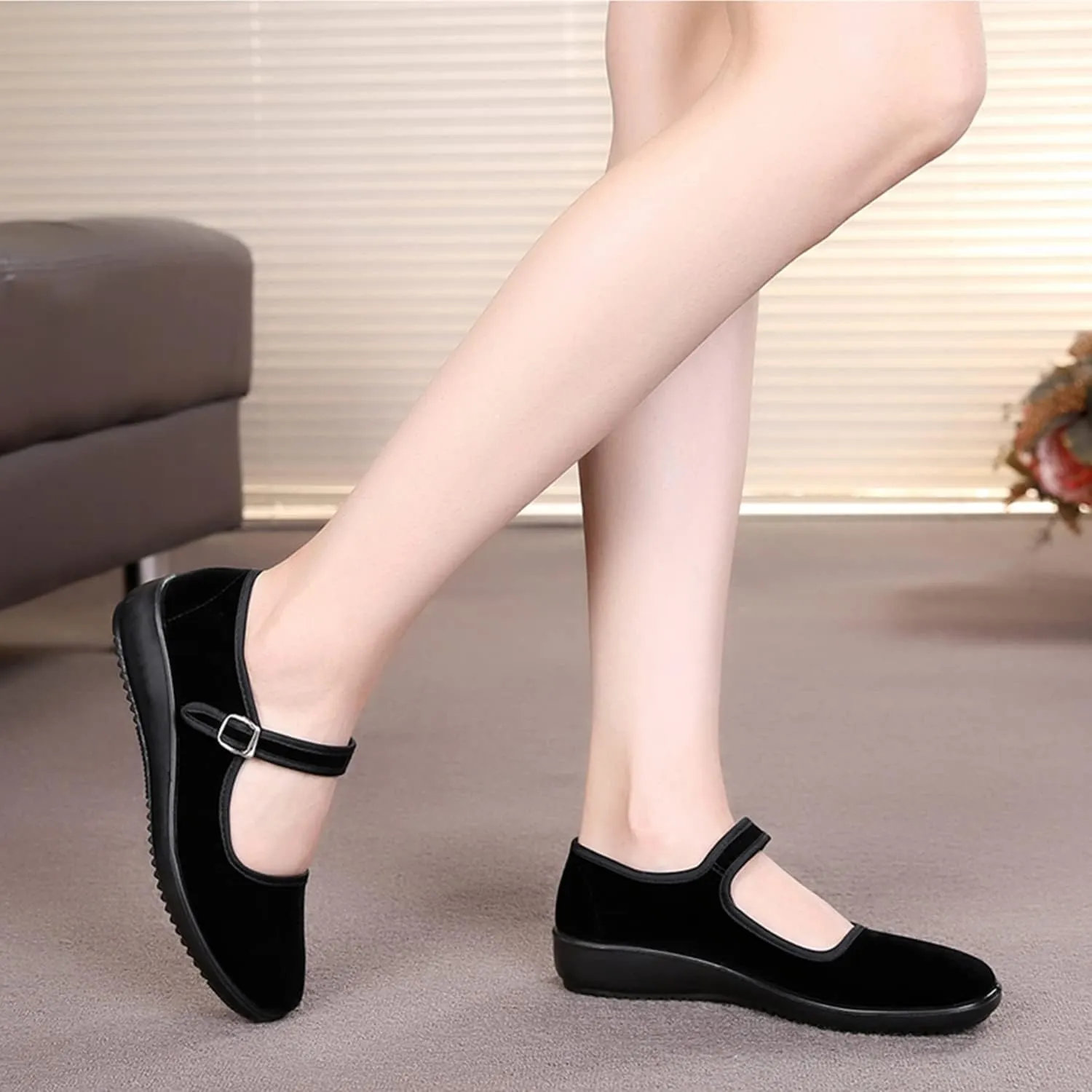 Upgraded Women's Velvet Mary Jane Shoes Black Cottton Old Beijing Cloth Flats Yoga Exercise Dance Shoes