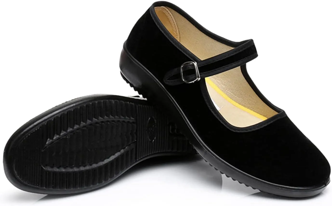 Upgraded Women's Velvet Mary Jane Shoes Black Cottton Old Beijing Cloth Flats Yoga Exercise Dance Shoes