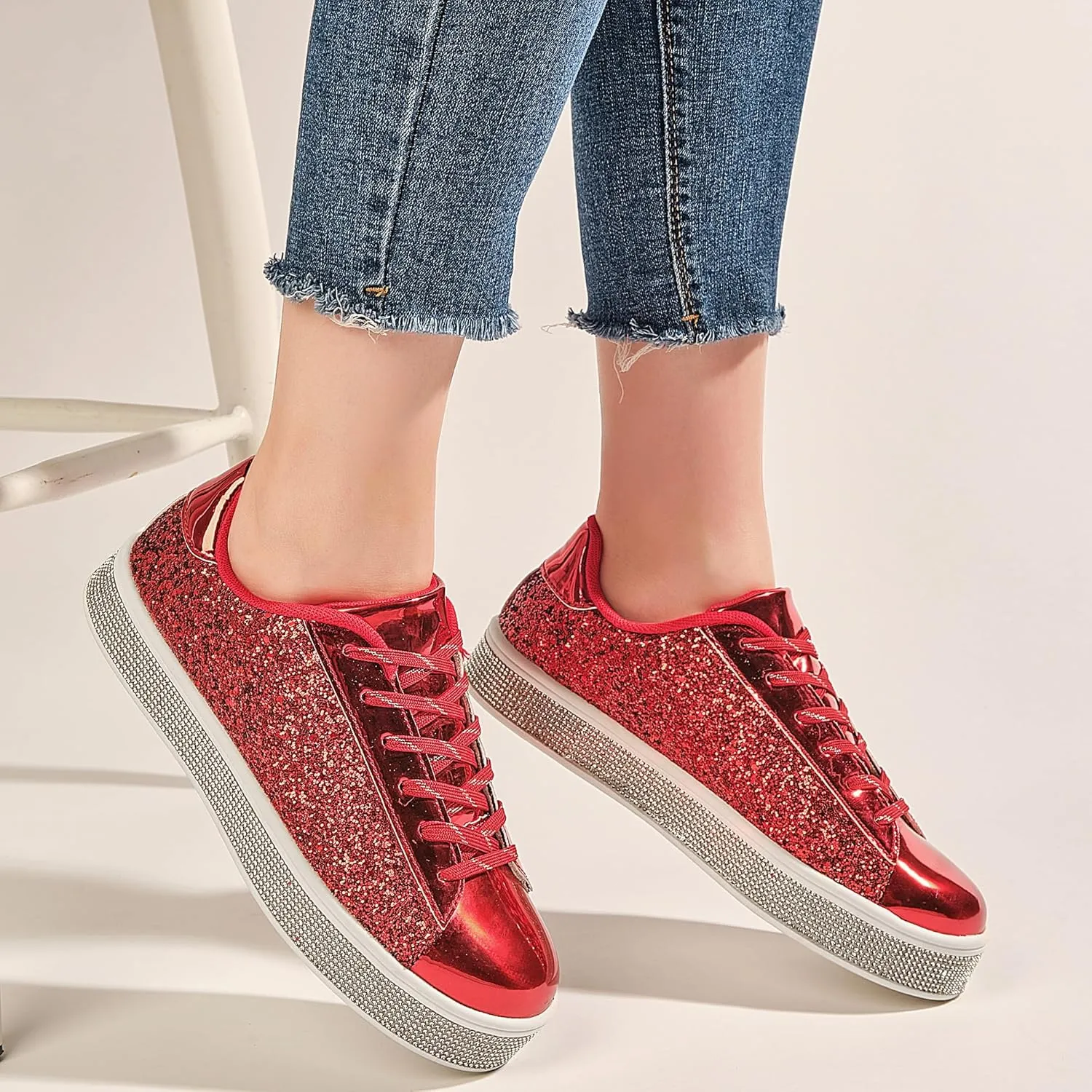 UUBARIS Women's Glitter Tennis Sneakers Neon Dressy Sparkly Sneakers Rhinestone Bling Wedding Bridal Shoes Shiny Sequin Shoes