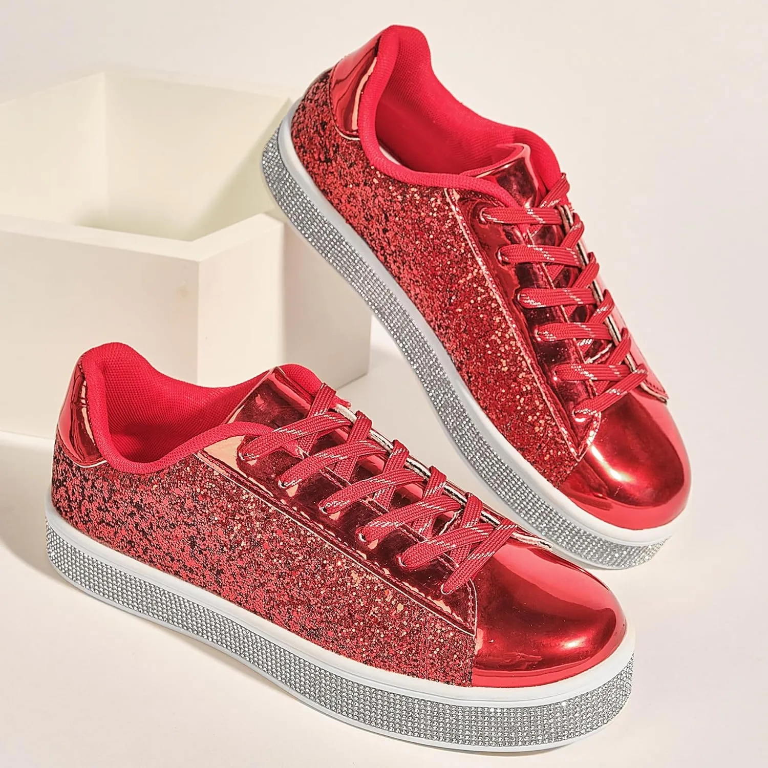 UUBARIS Women's Glitter Tennis Sneakers Neon Dressy Sparkly Sneakers Rhinestone Bling Wedding Bridal Shoes Shiny Sequin Shoes