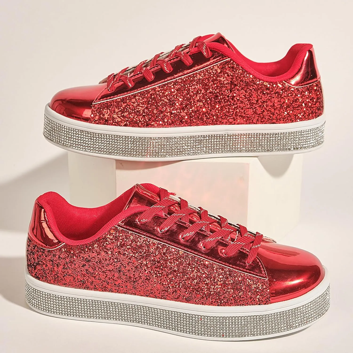 UUBARIS Women's Glitter Tennis Sneakers Neon Dressy Sparkly Sneakers Rhinestone Bling Wedding Bridal Shoes Shiny Sequin Shoes