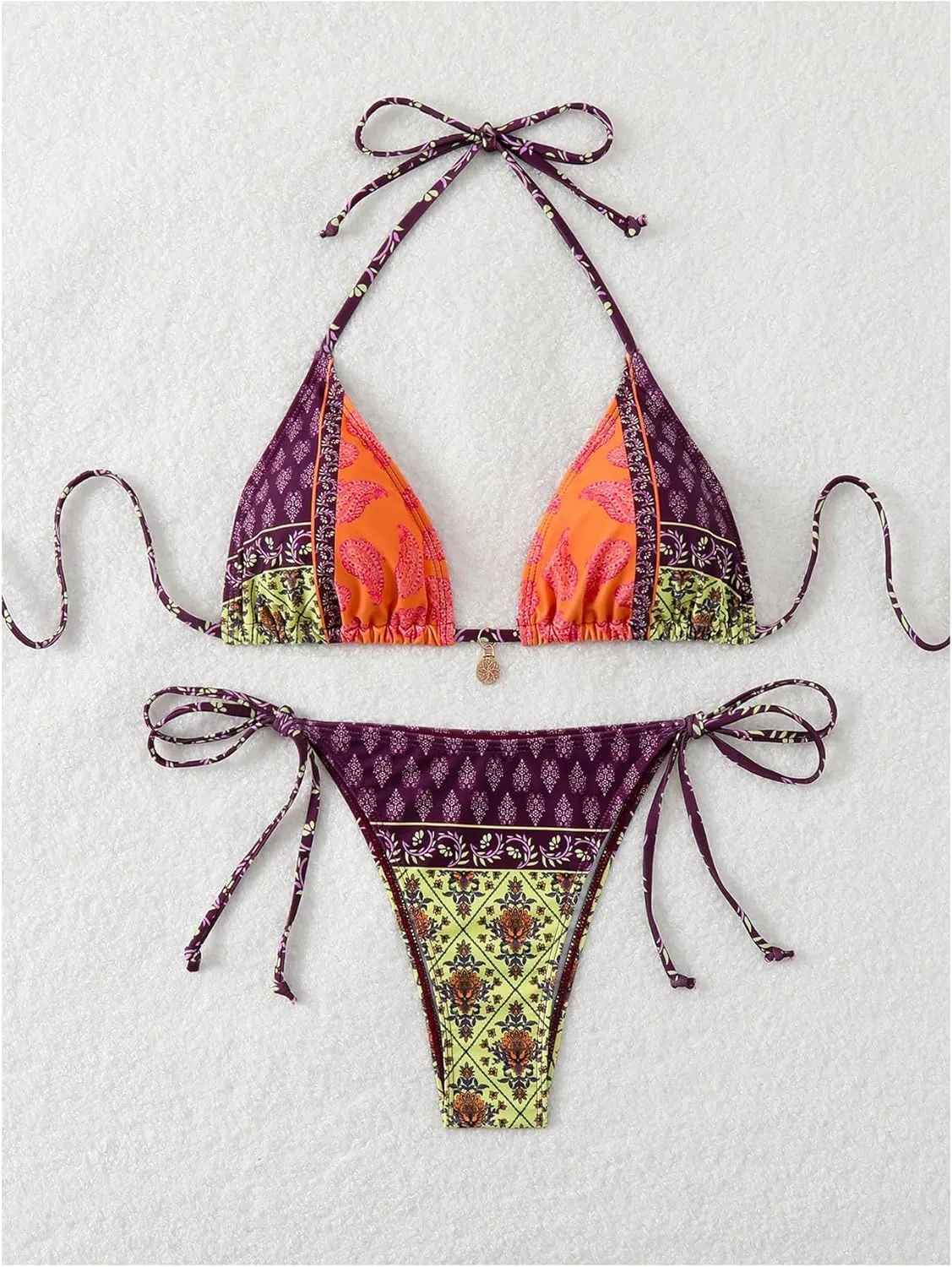 Verdusa Women's 2 Piece Paisley Print Swimsuit Boho Halter Backless High Cut String Bikini Set