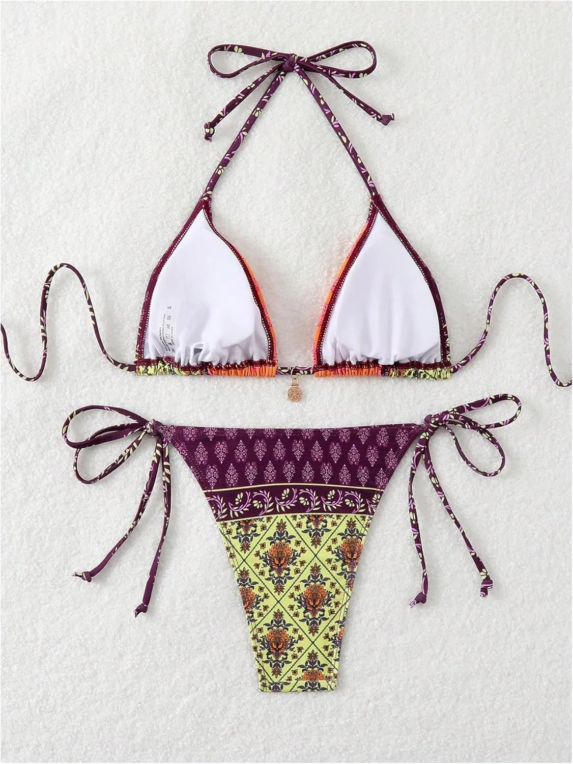 Verdusa Women's 2 Piece Paisley Print Swimsuit Boho Halter Backless High Cut String Bikini Set