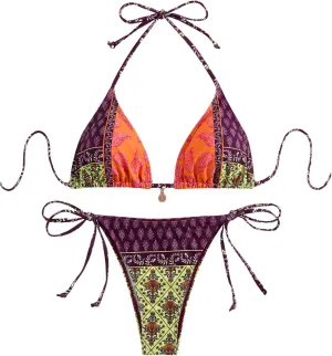 Verdusa Women's 2 Piece Paisley Print Swimsuit Boho Halter Backless High Cut String Bikini Set