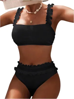 Verdusa Women's 2 Piece Ruffle Bikini Set Backless Swimsuit Bathing Suit