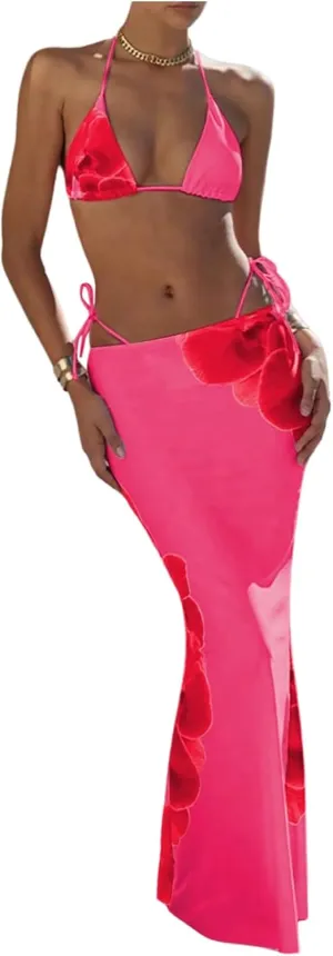Verdusa Women's 3 Piece Floral Print Bikini Sets Swimsuit with Mesh Maxi Skirt