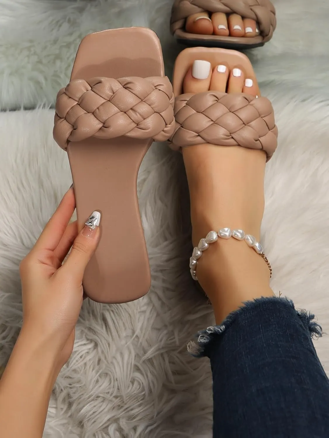 Verdusa Women's Braided Sandals Square Open Toe Slides Sandals Summer Shoes