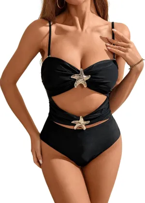 Verdusa Women's Hollow Out One Piece Backless Swimsuit Ruched Sleeveless Bathing Suit