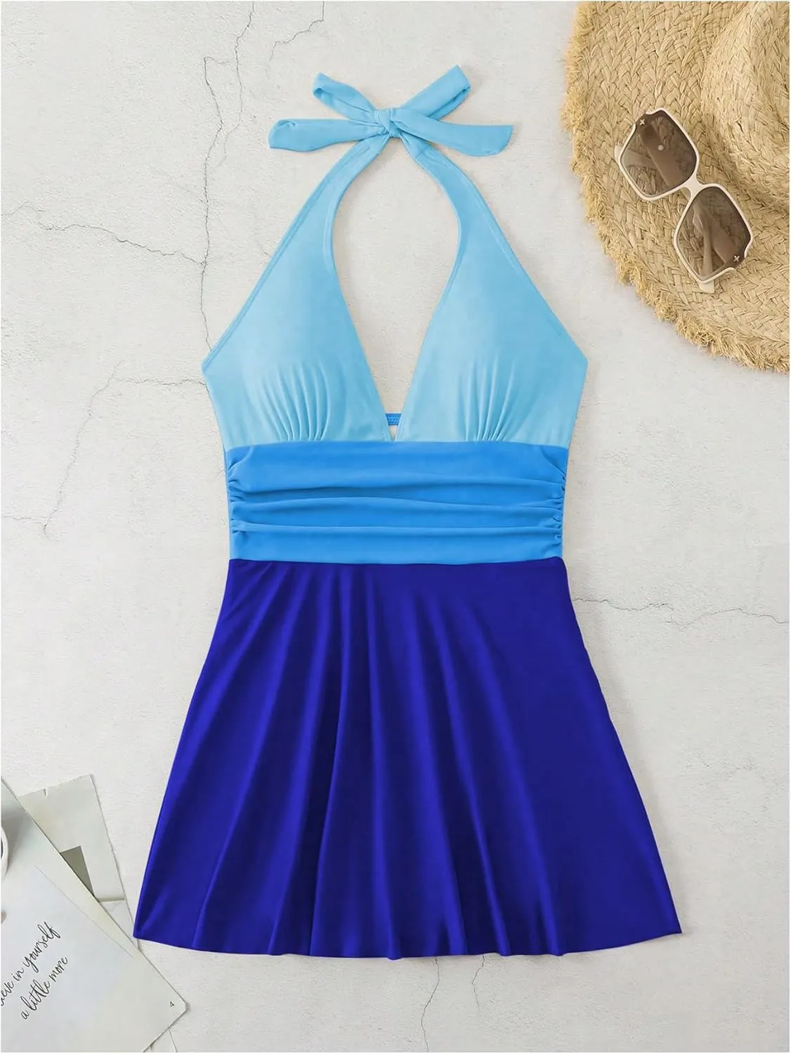 Verdusa Women's Modest One Piece Swimsuit Color Block Deep V Neck Backless Ruched Short Swim Dress