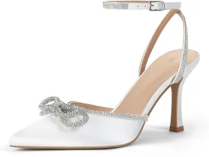 VETASTE Women's Double Bow Pointed Toe Ankle Strap Crystal Pumps Wedding Bridal Party Stilettos Backless Satin Heeled Sandals