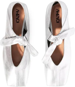 VIMISAOI Square Toe Ballerina Shoes for Women Bow Knots Ballet Flats Mary Jane Flats Slip On Bowtie Strap Flats Silver