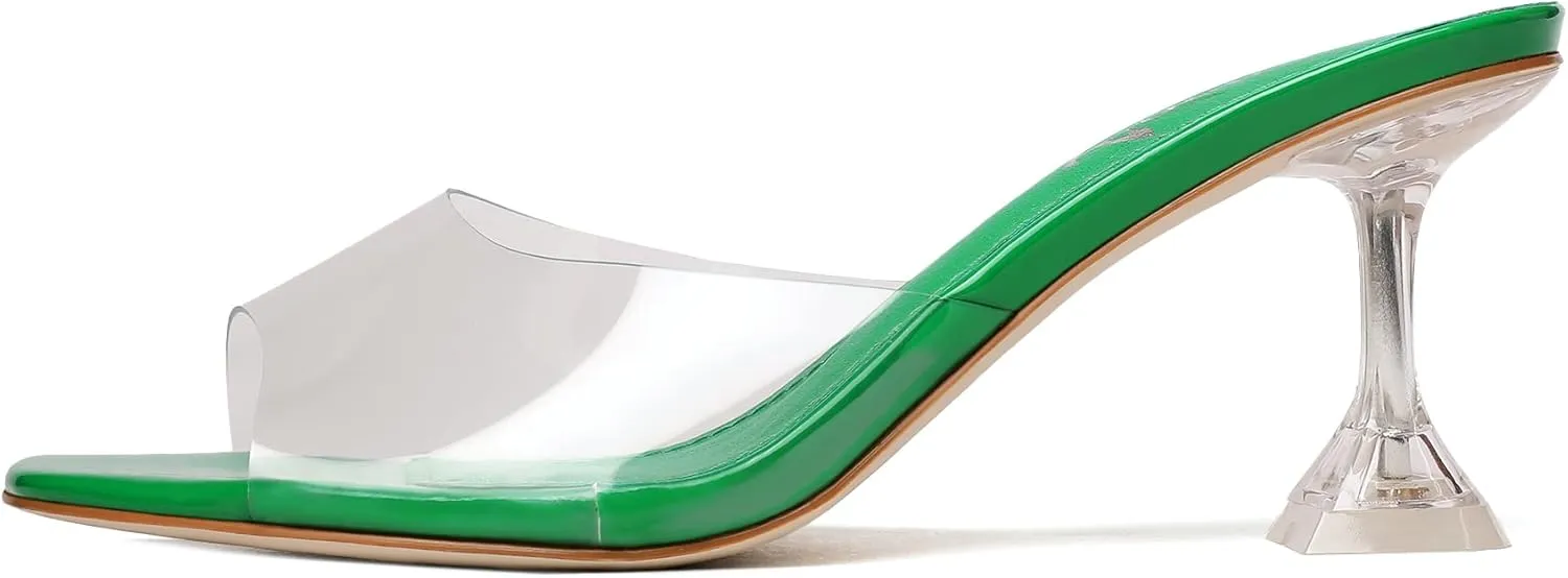 vivianly Womens Clear Heels Sandals Transparent Stiletto Heel Slippers Backless Peep Toe Slip on Heeled Mules