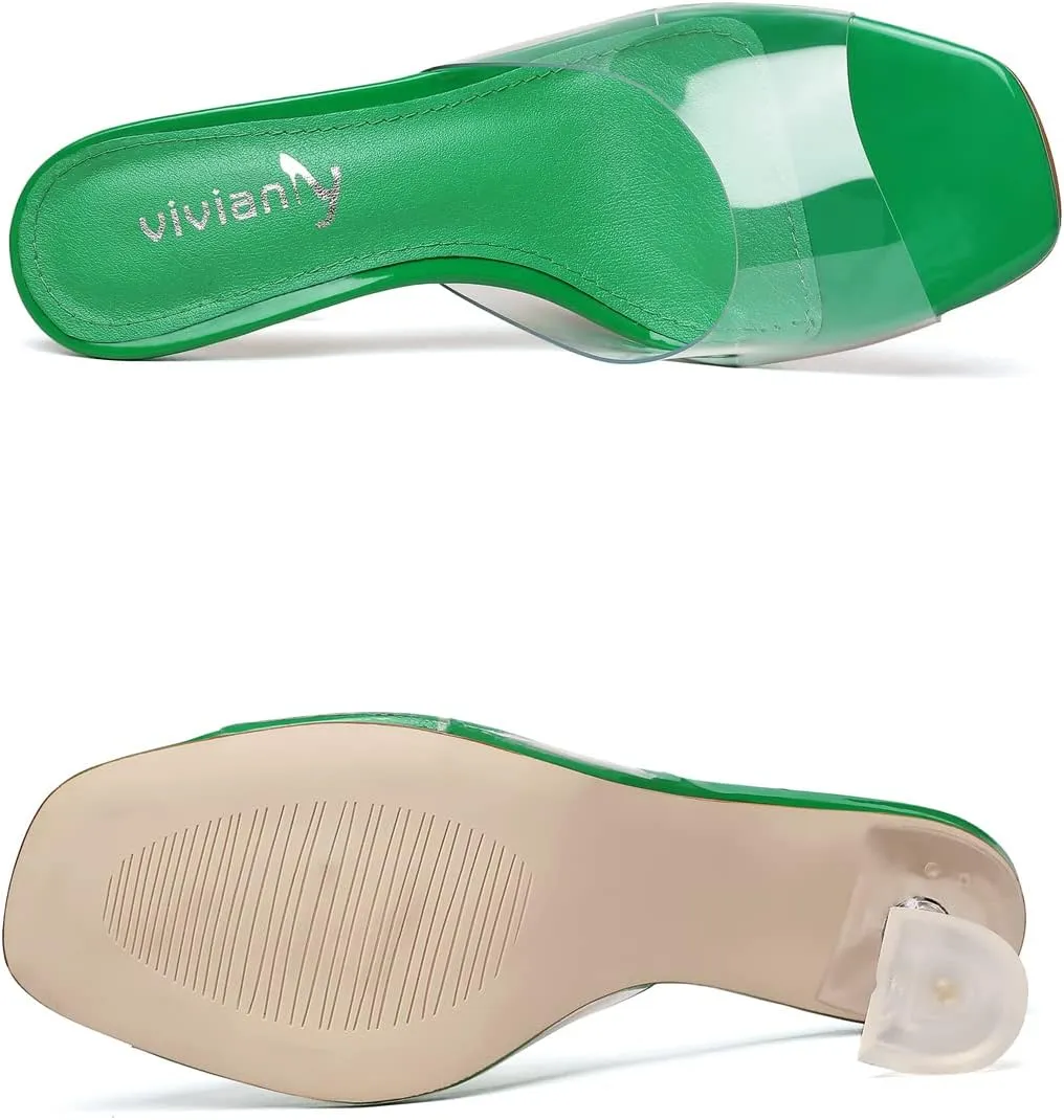 vivianly Womens Clear Heels Sandals Transparent Stiletto Heel Slippers Backless Peep Toe Slip on Heeled Mules