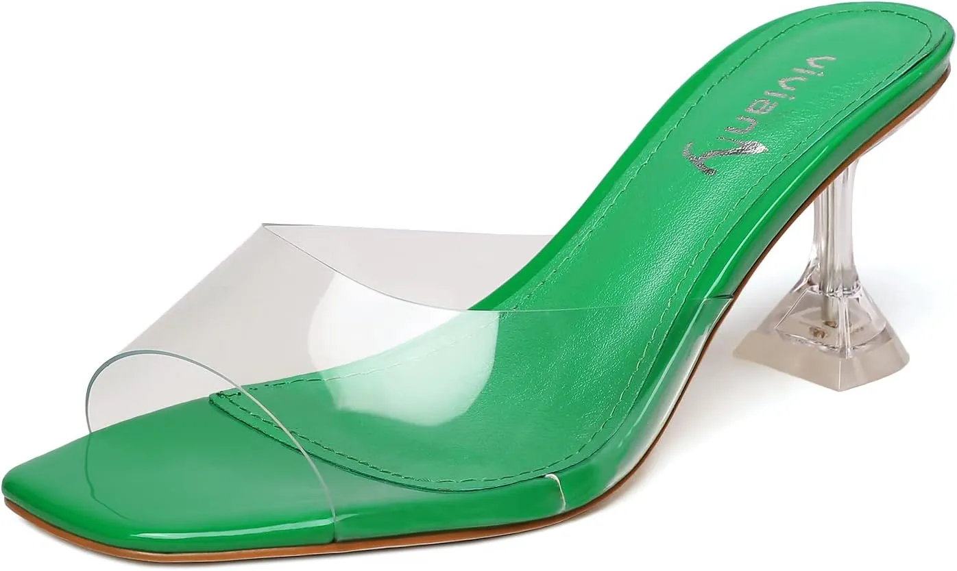 vivianly Womens Clear Heels Sandals Transparent Stiletto Heel Slippers Backless Peep Toe Slip on Heeled Mules