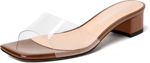 WAYDERNS Women's Fashion Clear Square Toe Open Toe Patent Dating Office Slip On PVC Block Chunky Low Heel Heeled Sandals 1.5 Inch