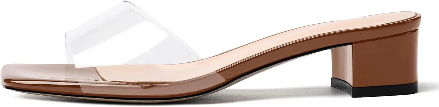 WAYDERNS Women's Fashion Clear Square Toe Open Toe Patent Dating Office Slip On PVC Block Chunky Low Heel Heeled Sandals 1.5 Inch