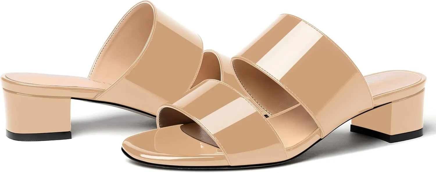 WAYDERNS Women's Open Toe Patent Slip On Round Toe Solid Casual Block Dating Chunky Low Heel Slides Two Piece Sandals 1.5 Inch