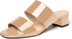 WAYDERNS Women's Open Toe Patent Slip On Round Toe Solid Casual Block Dating Chunky Low Heel Slides Two Piece Sandals 1.5 Inch