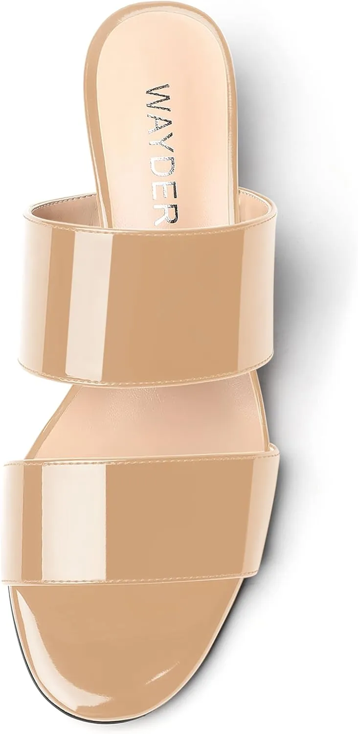 WAYDERNS Women's Open Toe Patent Slip On Round Toe Solid Casual Block Dating Chunky Low Heel Slides Two Piece Sandals 1.5 Inch