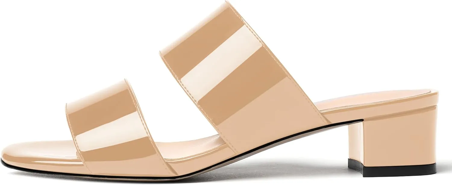 WAYDERNS Women's Open Toe Patent Slip On Round Toe Solid Casual Block Dating Chunky Low Heel Slides Two Piece Sandals 1.5 Inch