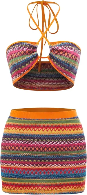 WDIRARA Women's 2 Piece Knitted Outfits Boho Geo Print Crop Halter Top and Bodycon Mini Skirt