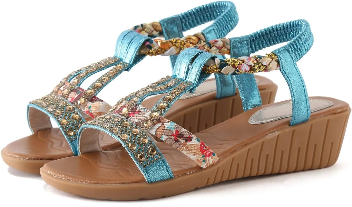 Wedge Sandals for Women,Comfortable Open Toe Sandal T-Strap Rhinestone Beaded Bohemia Beach Shoes Slip On Dressy Flat Sandals with Arch Support