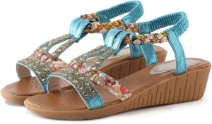Wedge Sandals for Women,Comfortable Open Toe Sandal T-Strap Rhinestone Beaded Bohemia Beach Shoes Slip On Dressy Flat Sandals with Arch Support