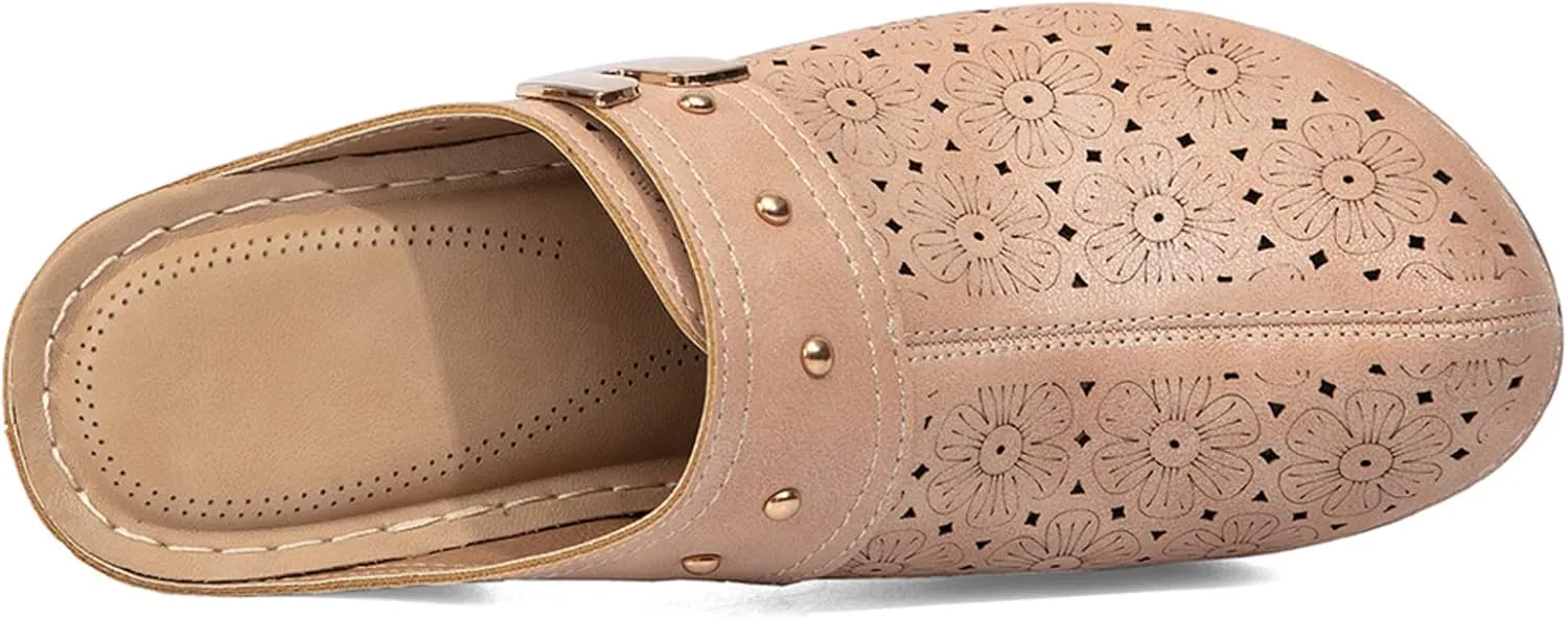 WENOREG Women’s Hollow Closed Toe Chunky Heels Mules,Summer Retro Flower Pattern Slip On Slides Loafer Shoes,Metal Decoration Casual Breathable Backless Mules Sandals