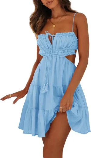 Wenrine Women's Summer Beach Mini Dress Adjustable Spaghetti Straps Sexy Backless Tiered Sleeveless Boho Dresses