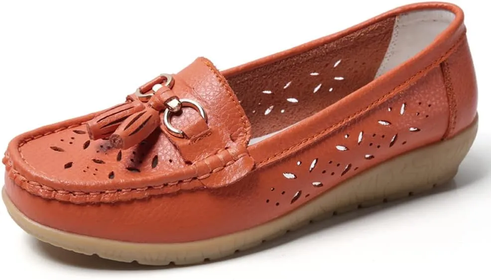 WERWAES Casual Loafers for Women Metal Buckle Breathable Comfortable Leather Slip on Moccasins Loafers Shoes Driving Outdoor Walking Womens Flats