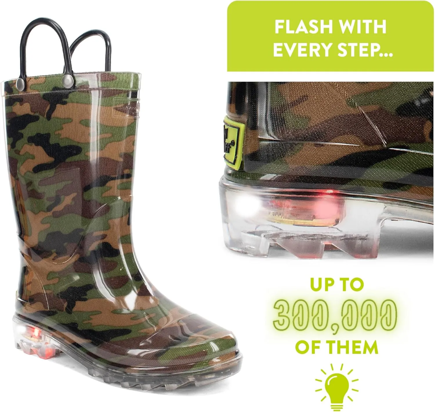 Western Chief Kids Waterproof Light Up Rain Boots With Handles for Easy On and Off for Boys and Girls