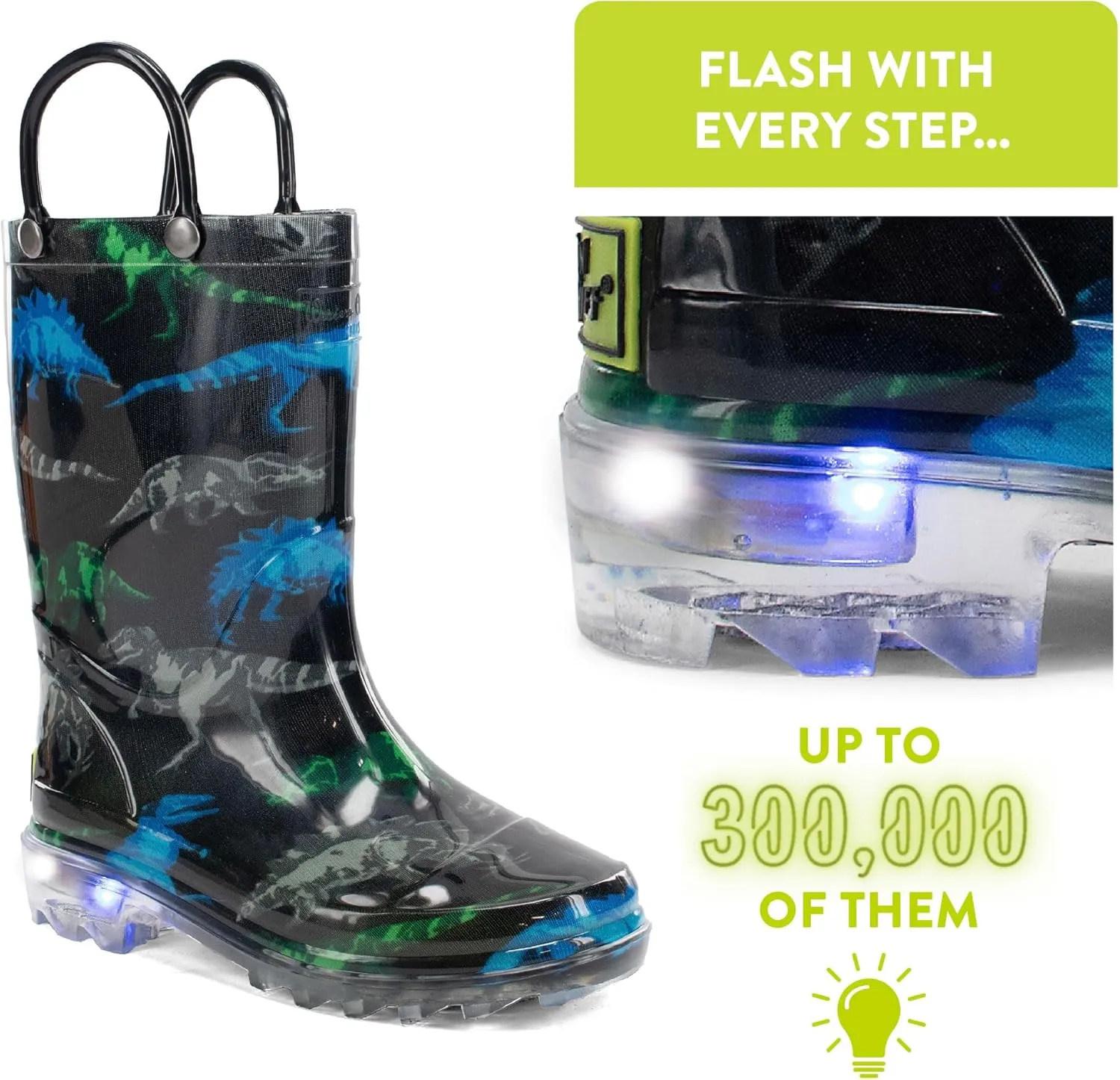 Western Chief Kids Waterproof Light Up Rain Boots With Handles for Easy On and Off for Boys and Girls