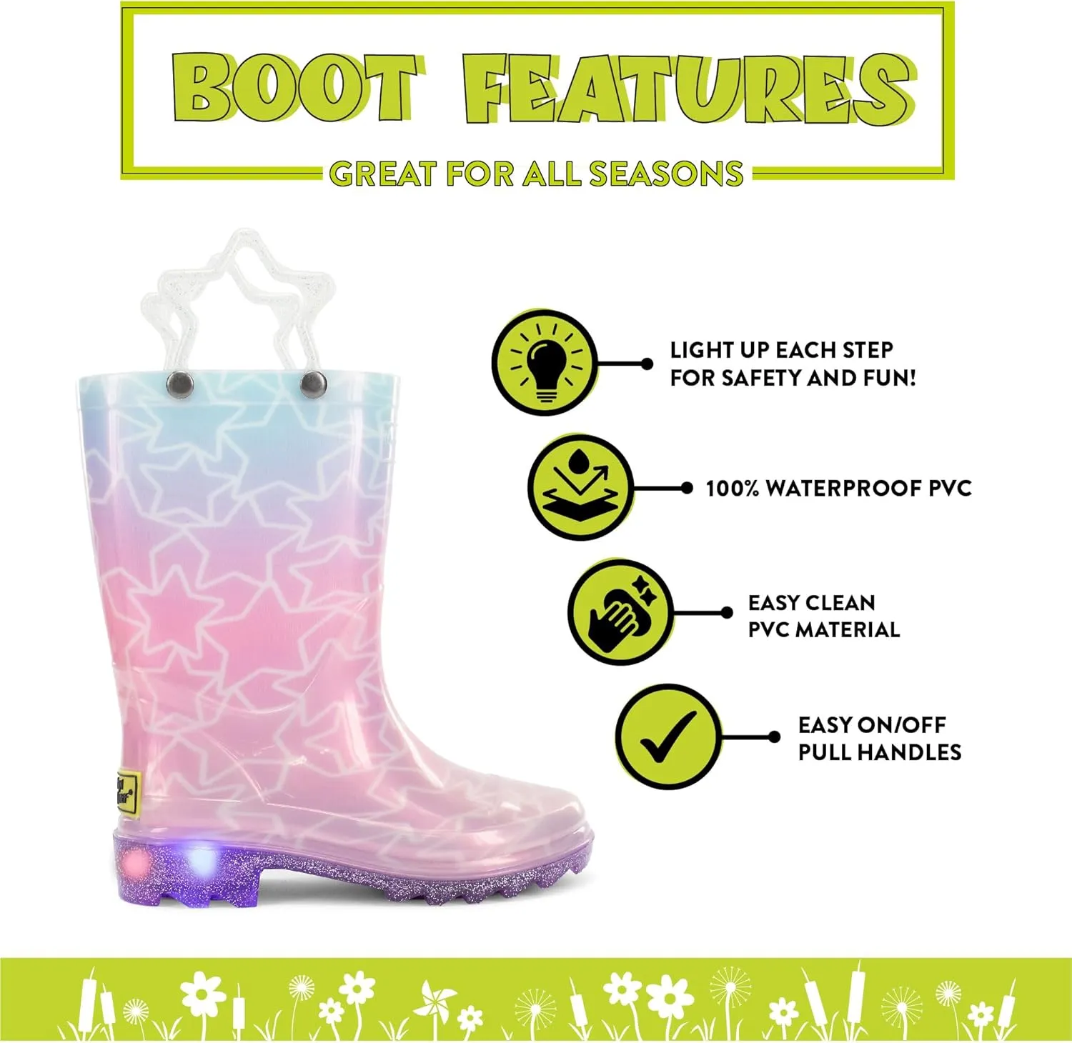 Western Chief Kids Waterproof Light Up Rain Boots With Handles for Easy On and Off for Boys and Girls