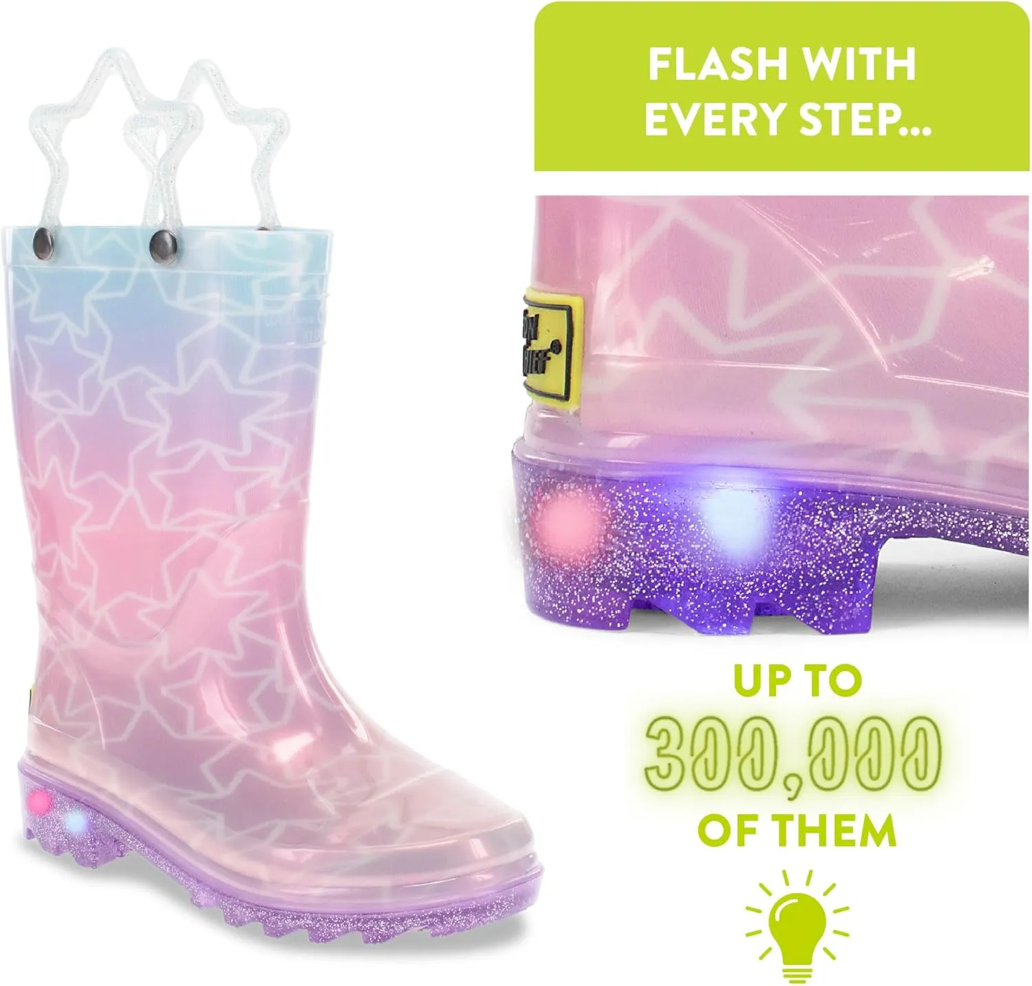 Western Chief Kids Waterproof Light Up Rain Boots With Handles for Easy On and Off for Boys and Girls