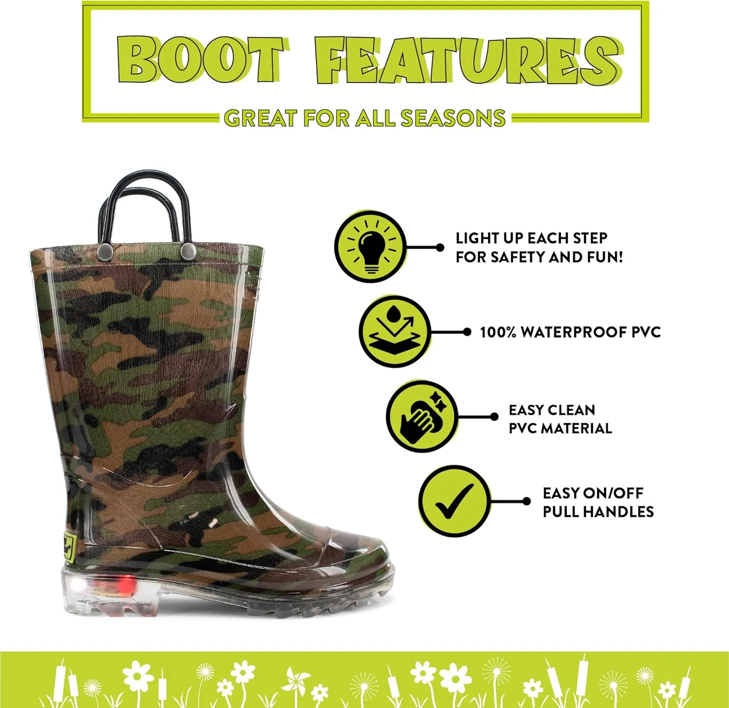 Western Chief Kids Waterproof Light Up Rain Boots With Handles for Easy On and Off for Boys and Girls